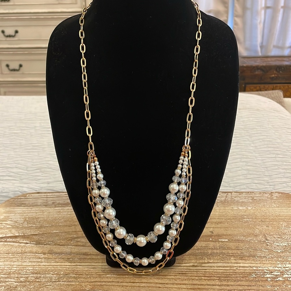 Vintage Gold Tone White Beaded Triple Layer Strand Long Statement Necklace